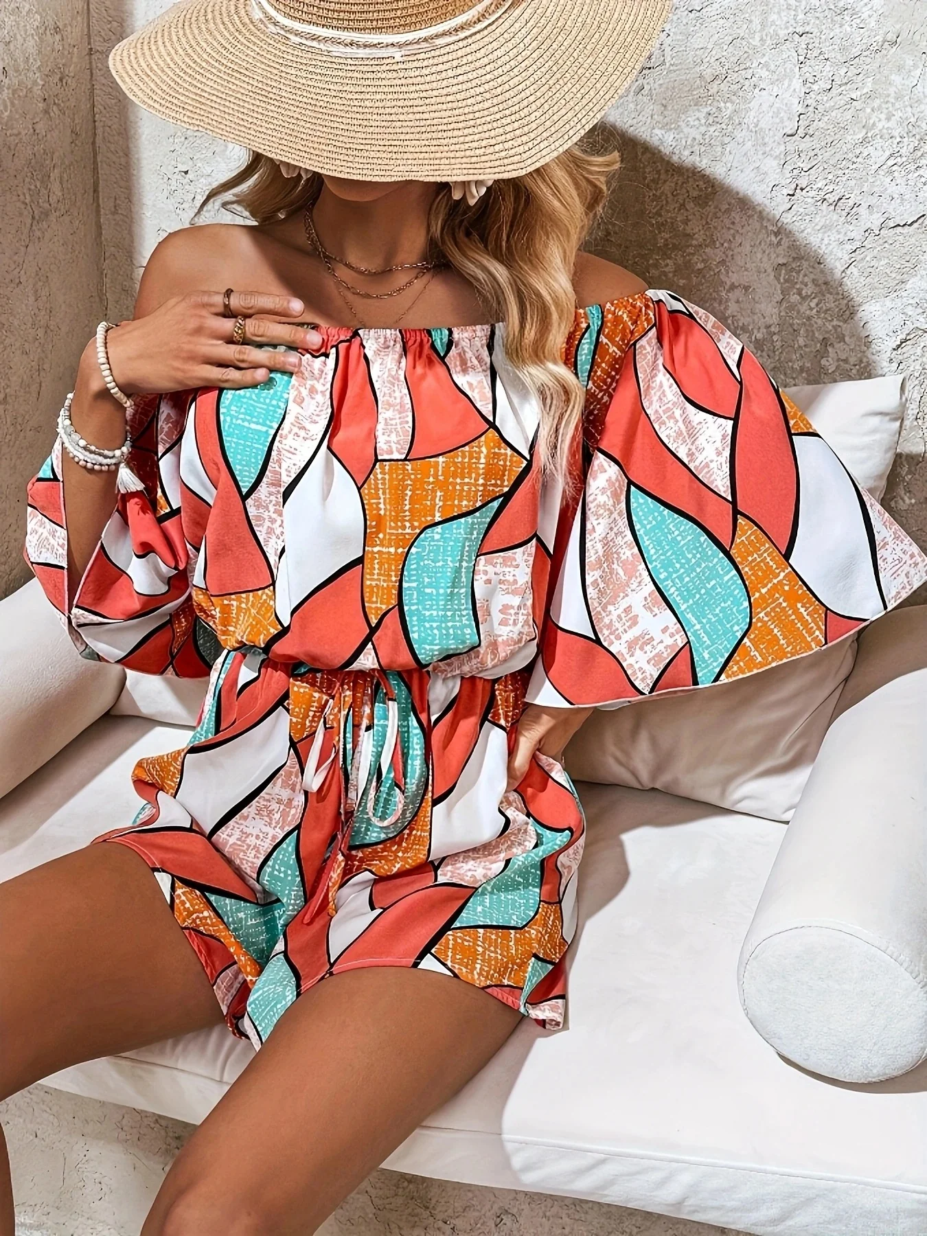 Off-Shoulder Drawstring Waist Romper - Image 6