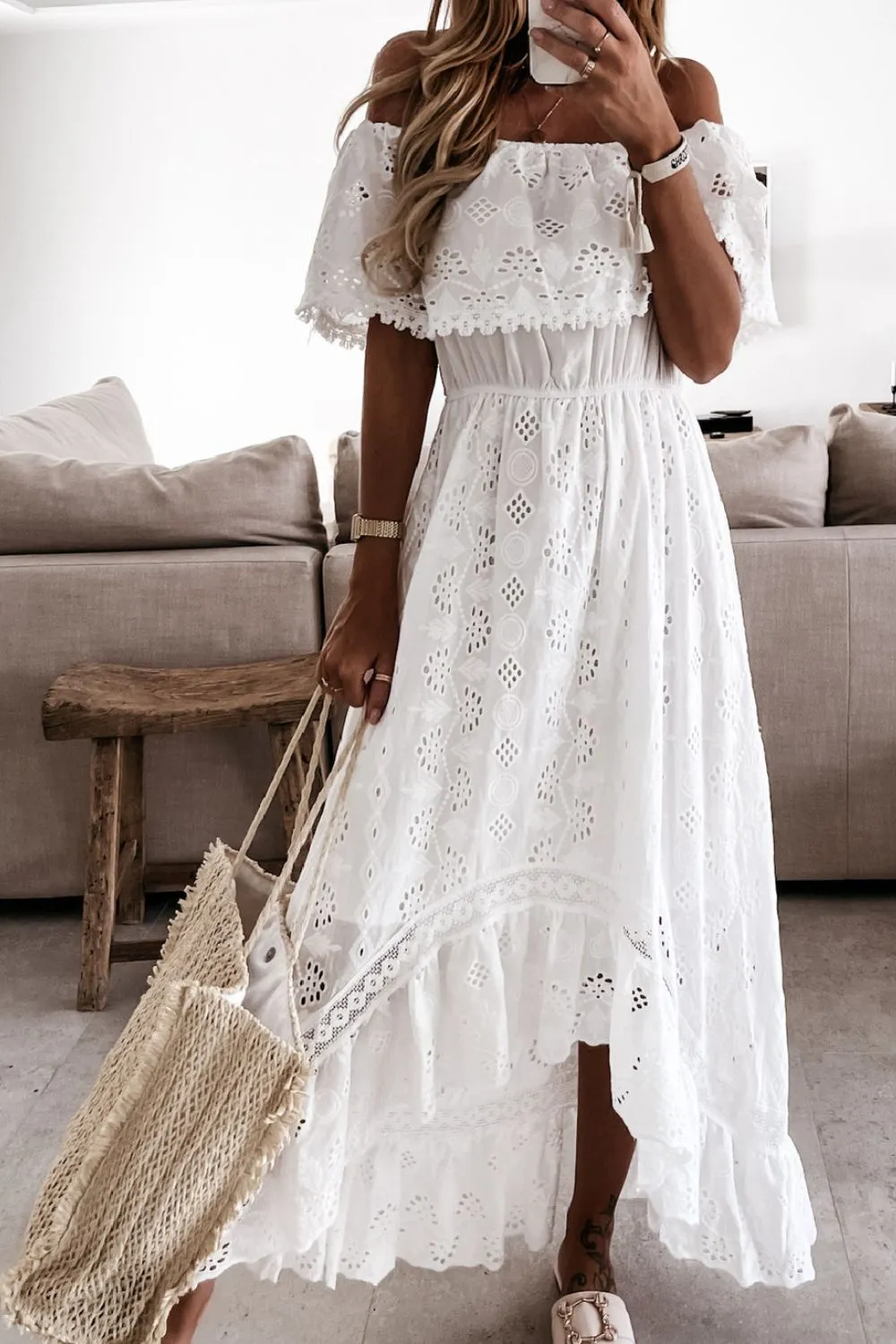Off Shoulder Eyelet Lace Maxi Dress - Image 7