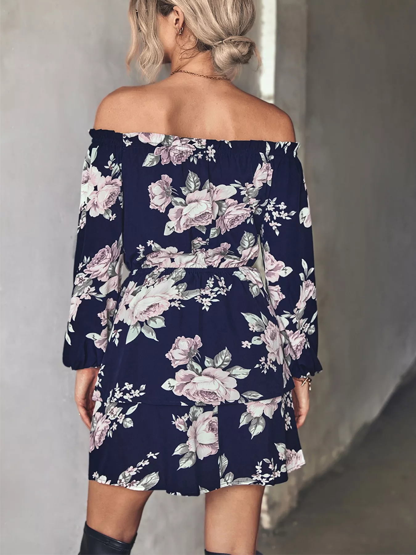 Off-Shoulder Floral Print Long Sleeve Mini Dress - Image 2