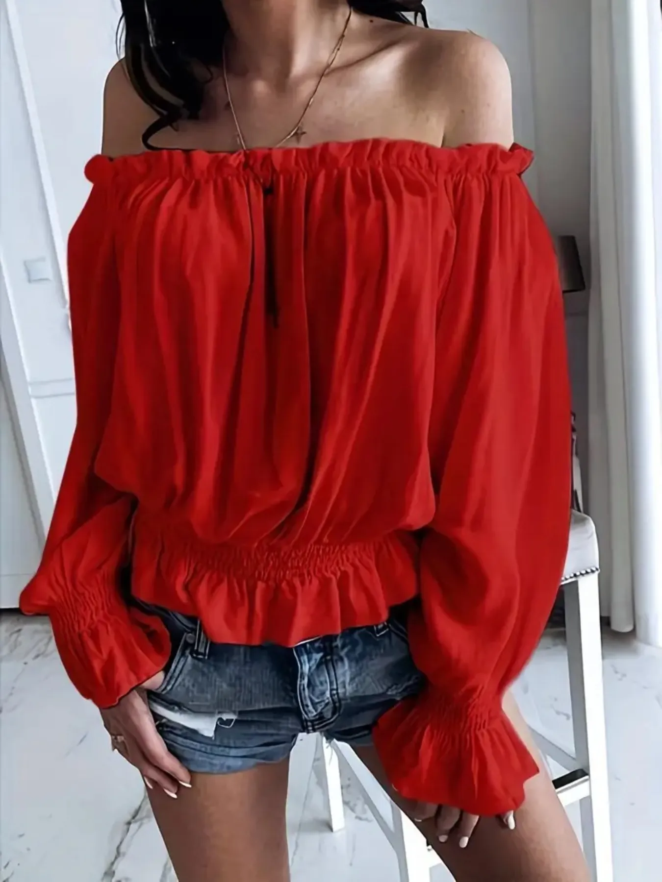 Off-Shoulder Flounce Sleeve Blouse