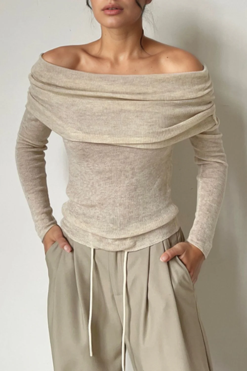 Off-Shoulder Long Sleeve Knit Top - Image 9