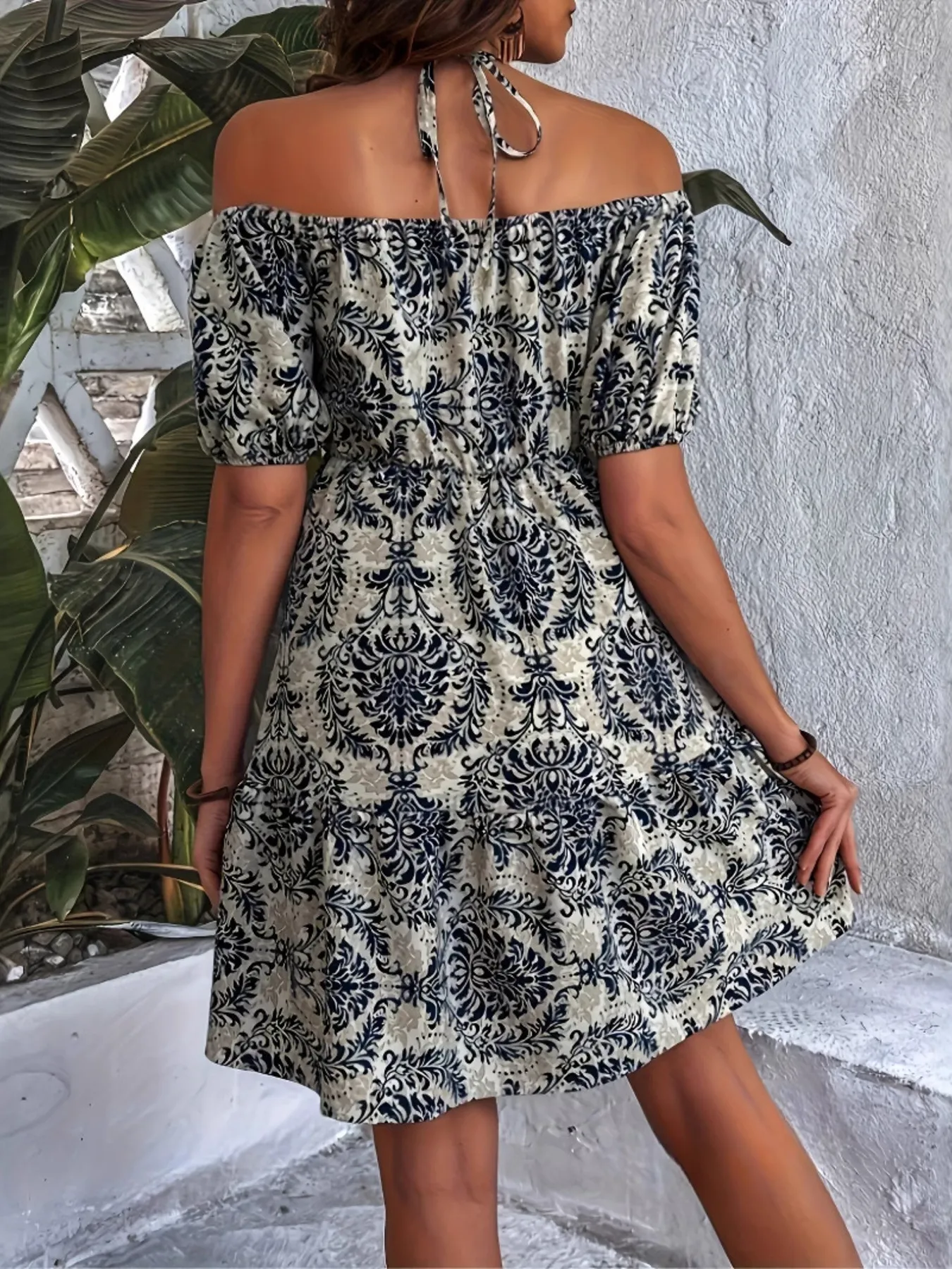 Off-Shoulder Printed Smocked Mini Dress - Image 5