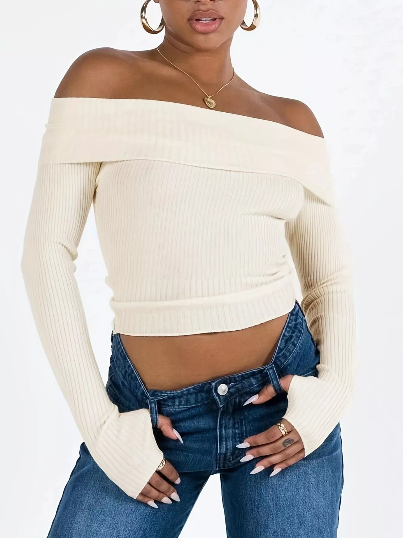 Off-Shoulder Ribbed Knit Sweater - Image 3