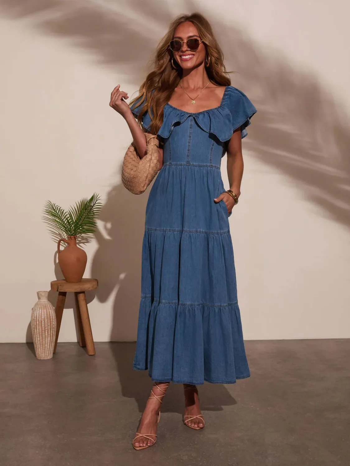 Off Shoulder Ruffle Tiered Denim Dress - Image 5