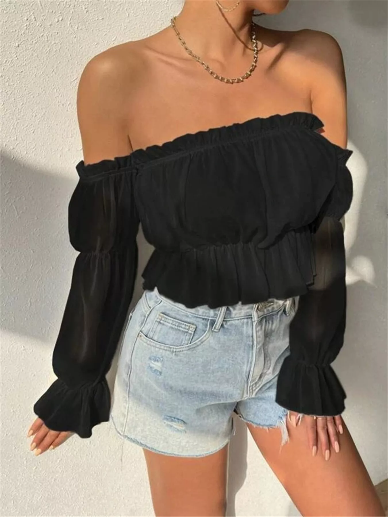 Off-Shoulder Ruffle Trim Sheer Cropped Blouse - Image 12