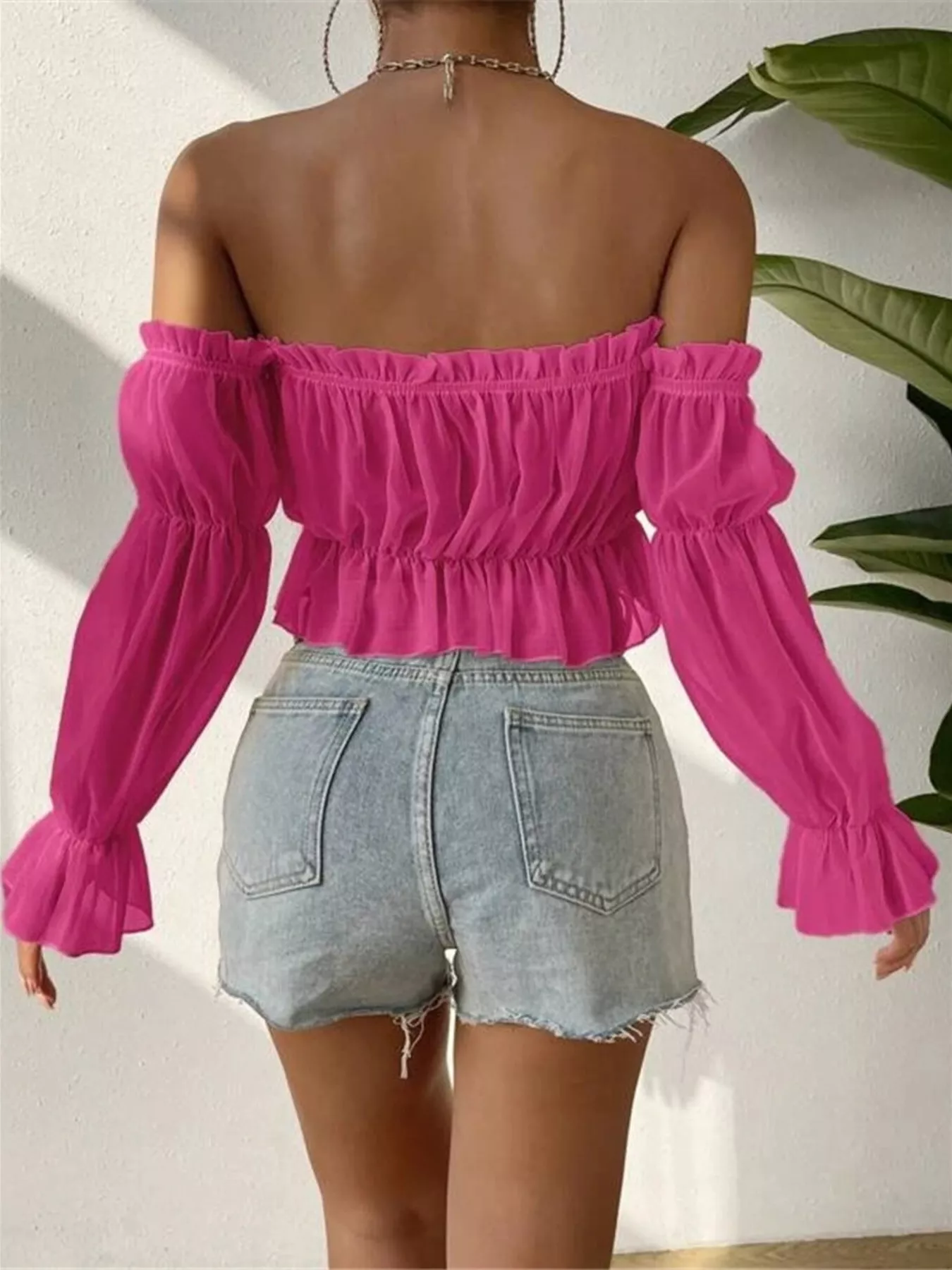 Off-Shoulder Ruffle Trim Sheer Cropped Blouse - Image 9