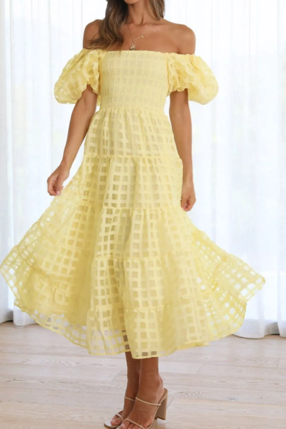 Off Shoulder Short Puff Sleeve Midi Dress - Image 10
