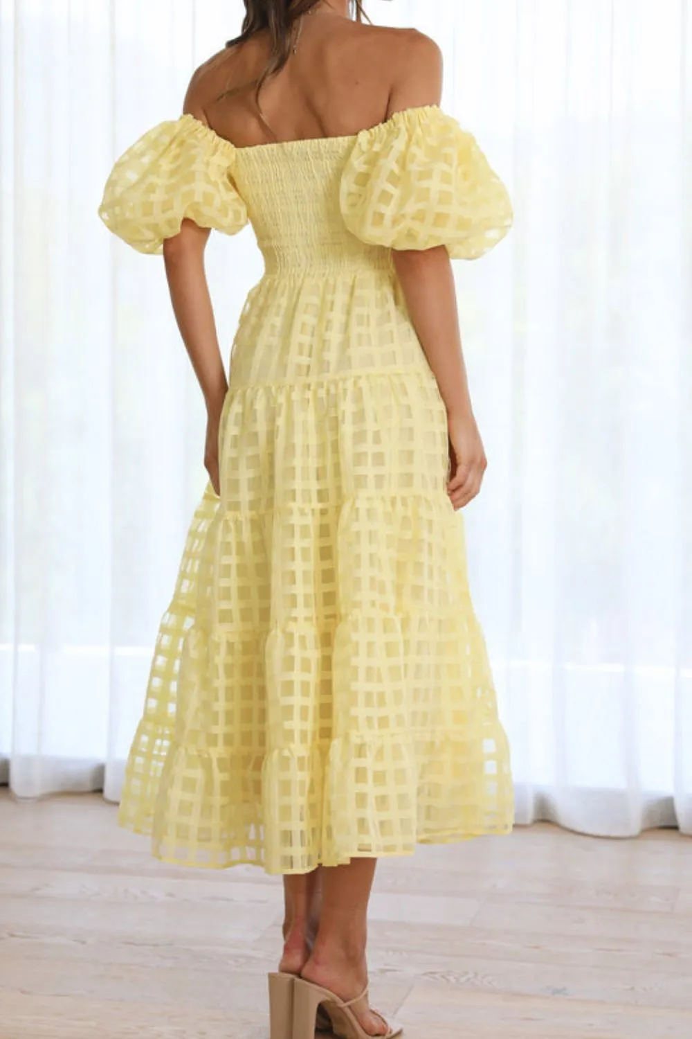 Off Shoulder Short Puff Sleeve Midi Dress - Image 11