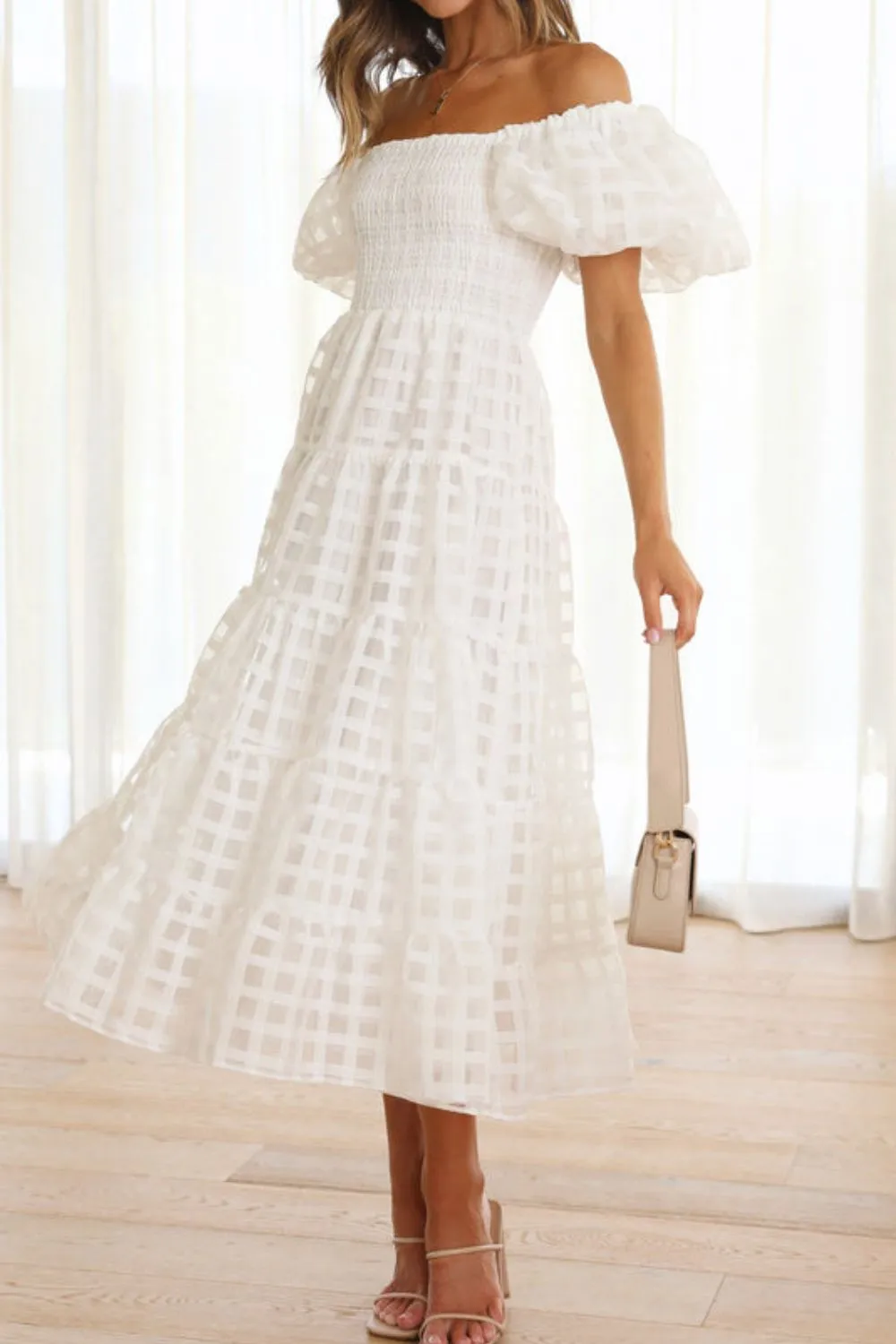 Off Shoulder Short Puff Sleeve Midi Dress - Image 12