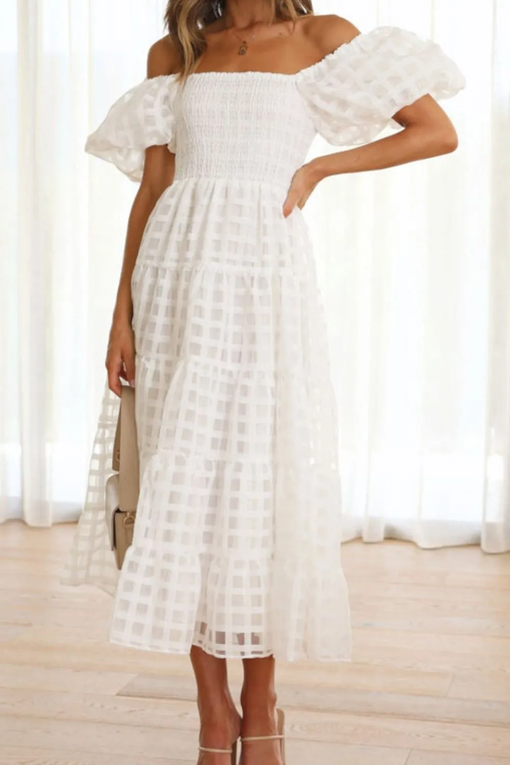 Off Shoulder Short Puff Sleeve Midi Dress - Image 13