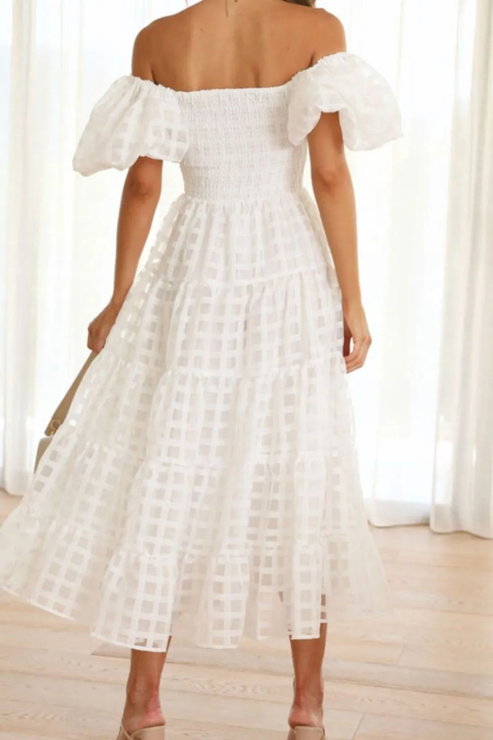 Off Shoulder Short Puff Sleeve Midi Dress - Image 14