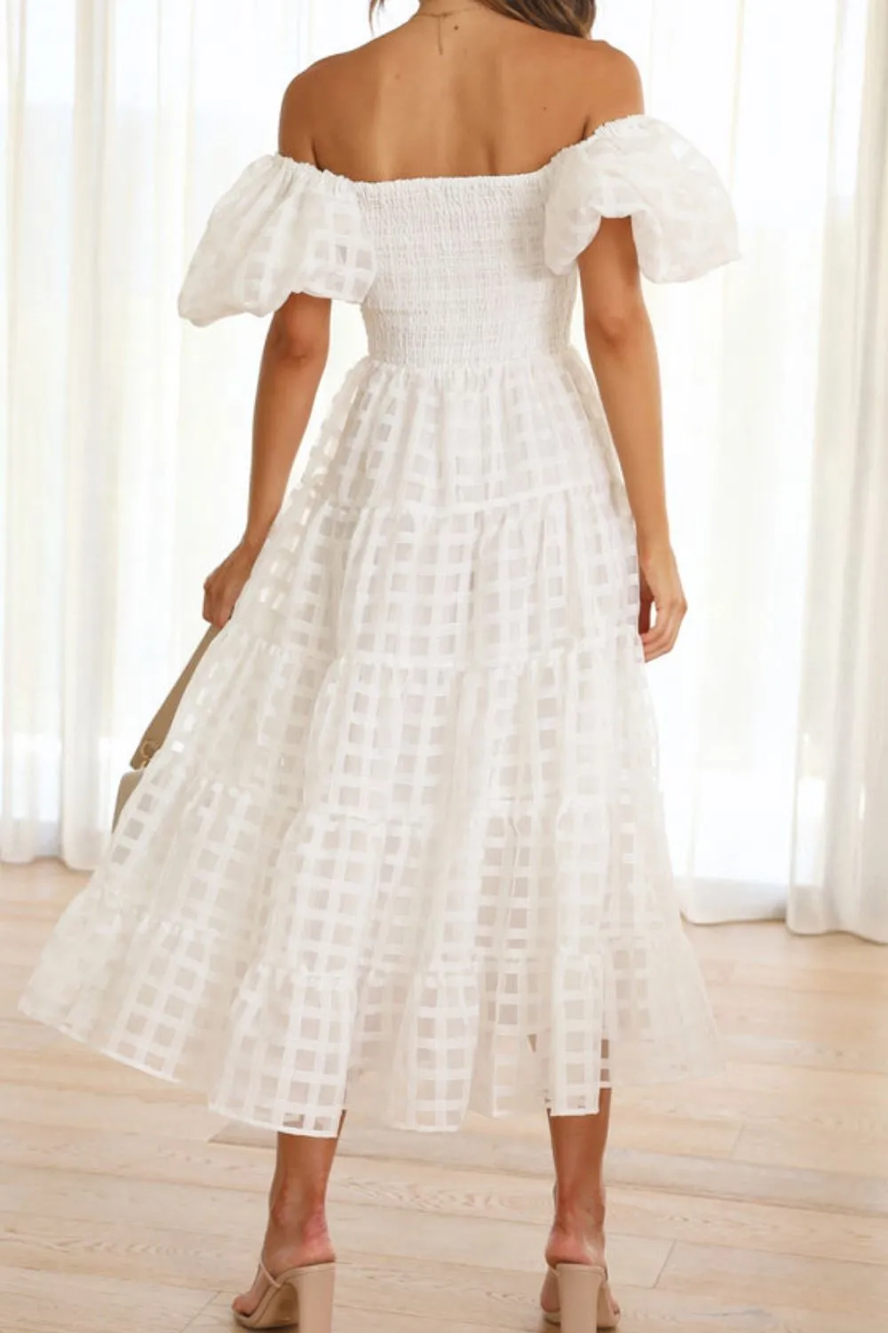 Off Shoulder Short Puff Sleeve Midi Dress - Image 16