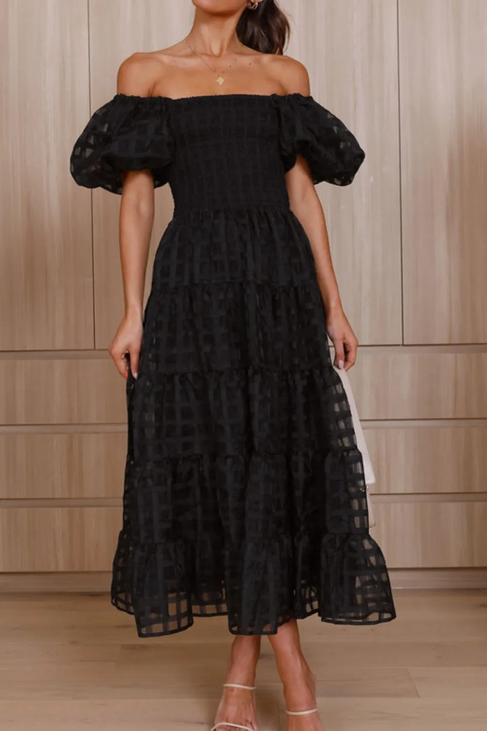 Off Shoulder Short Puff Sleeve Midi Dress - Image 17