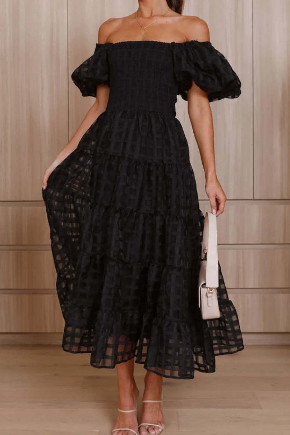 Off Shoulder Short Puff Sleeve Midi Dress - Image 18