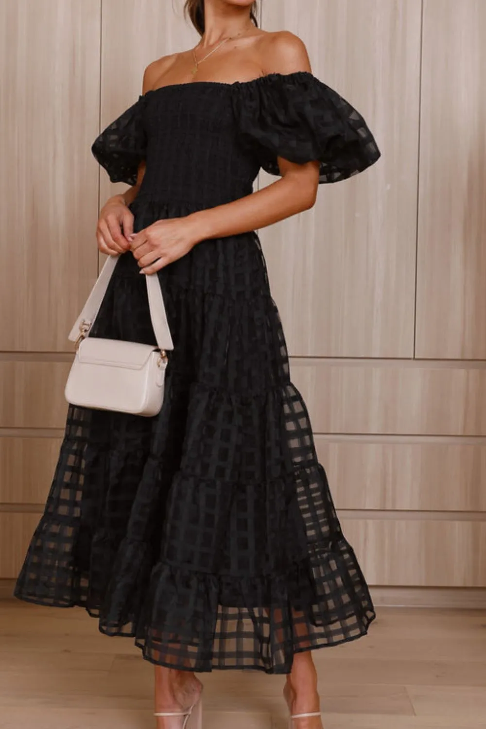 Off Shoulder Short Puff Sleeve Midi Dress - Image 19