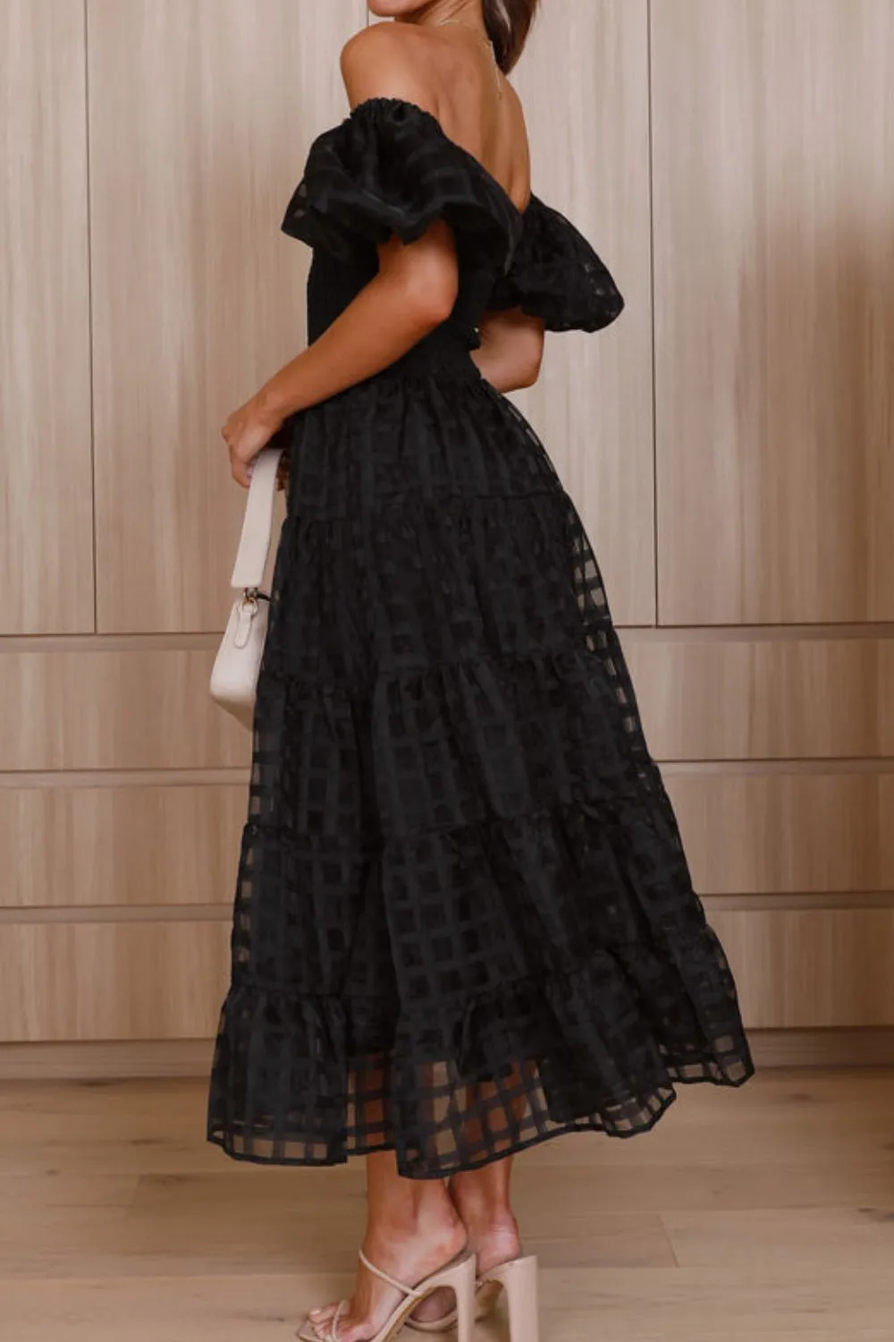 Off Shoulder Short Puff Sleeve Midi Dress - Image 20