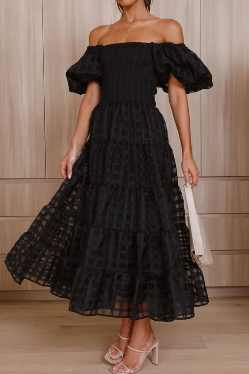 Off Shoulder Short Puff Sleeve Midi Dress - Image 21