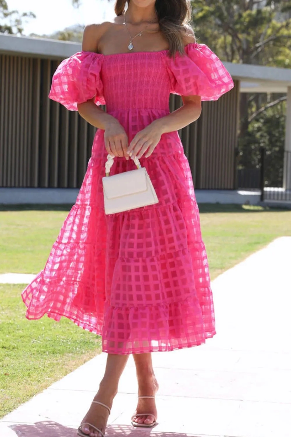 Off Shoulder Short Puff Sleeve Midi Dress - Image 23
