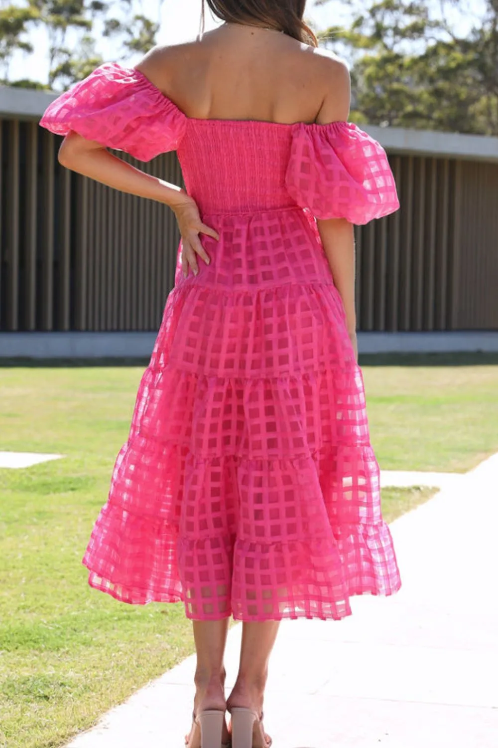 Off Shoulder Short Puff Sleeve Midi Dress - Image 24