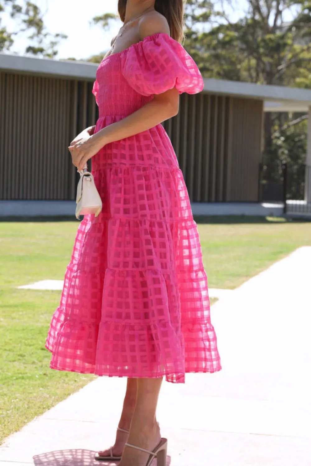 Off Shoulder Short Puff Sleeve Midi Dress - Image 25