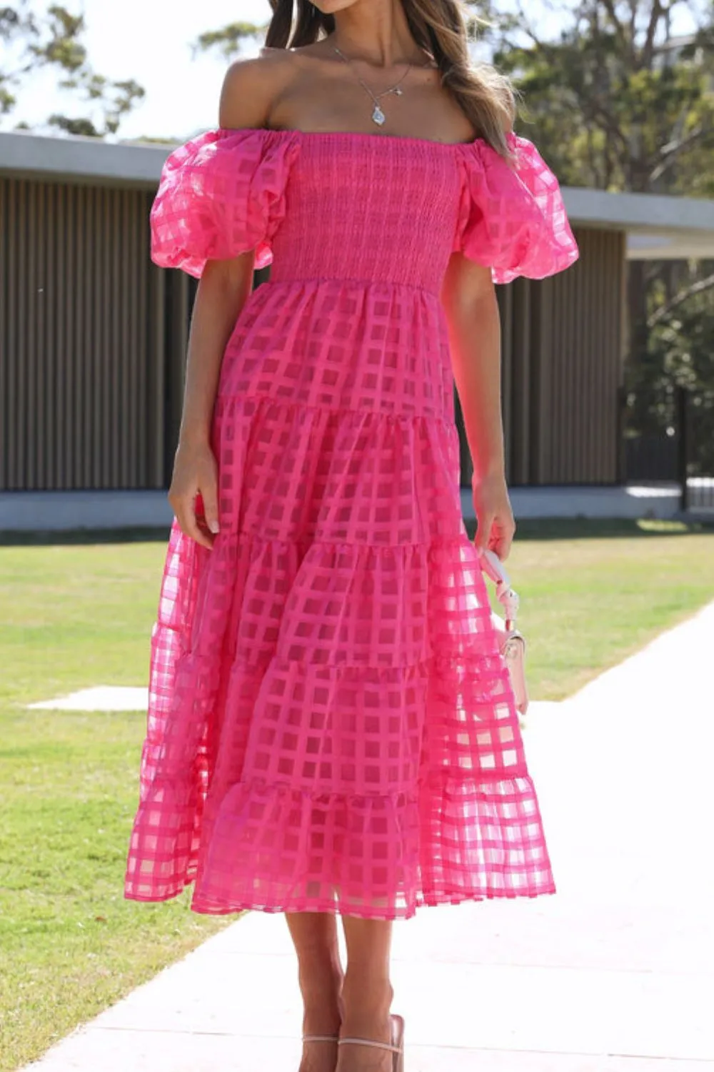 Off Shoulder Short Puff Sleeve Midi Dress - Image 26