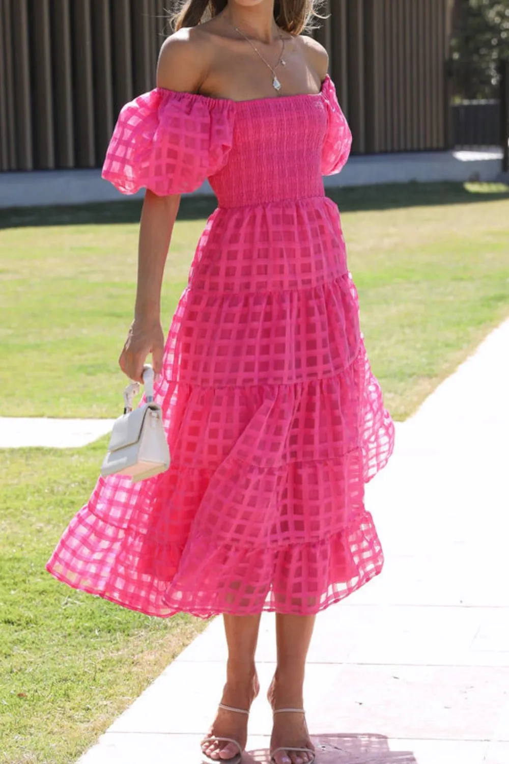 Off Shoulder Short Puff Sleeve Midi Dress - Image 27
