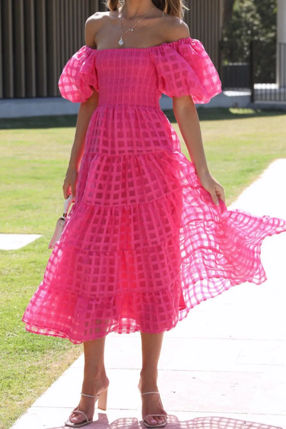 Off Shoulder Short Puff Sleeve Midi Dress - Image 28
