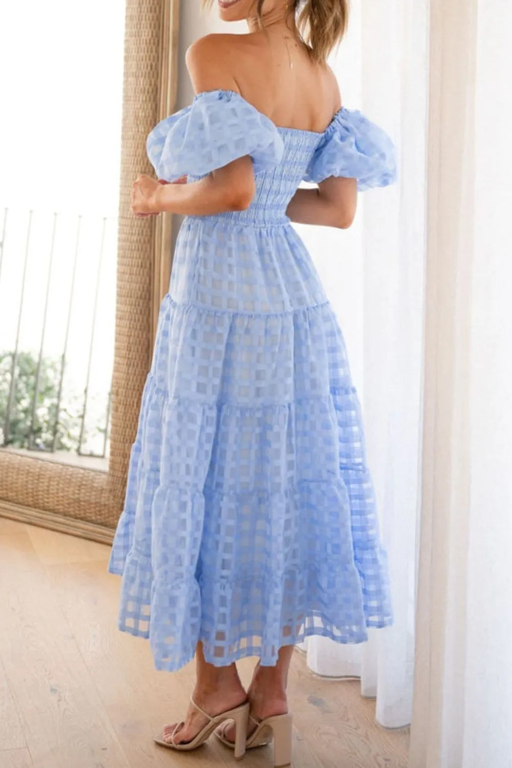 Off Shoulder Short Puff Sleeve Midi Dress - Image 31