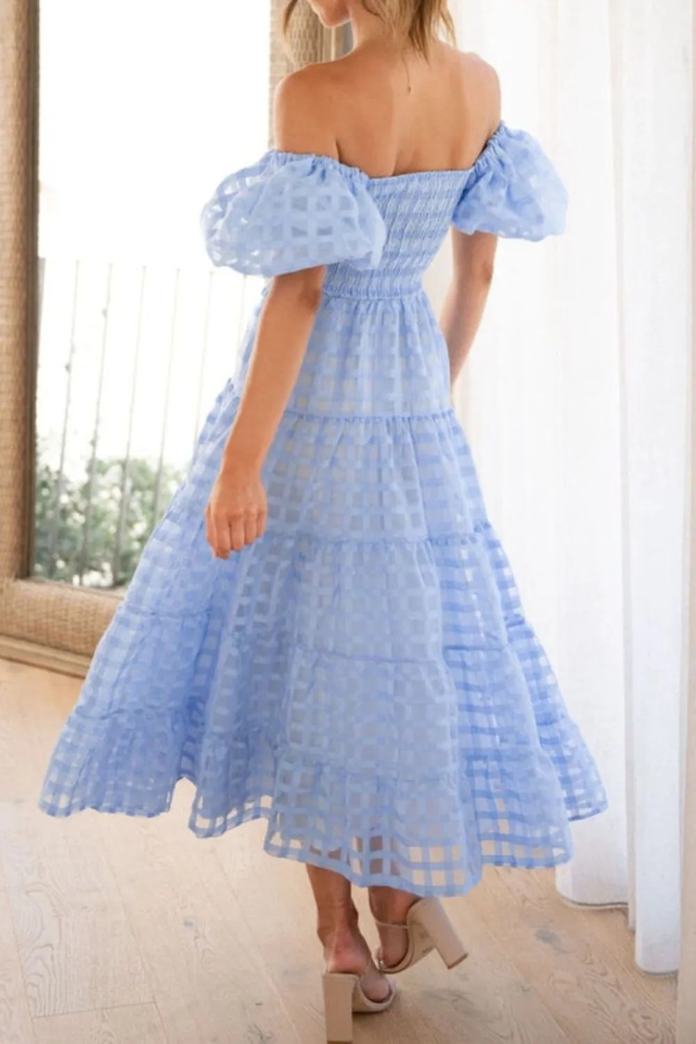 Off Shoulder Short Puff Sleeve Midi Dress - Image 34