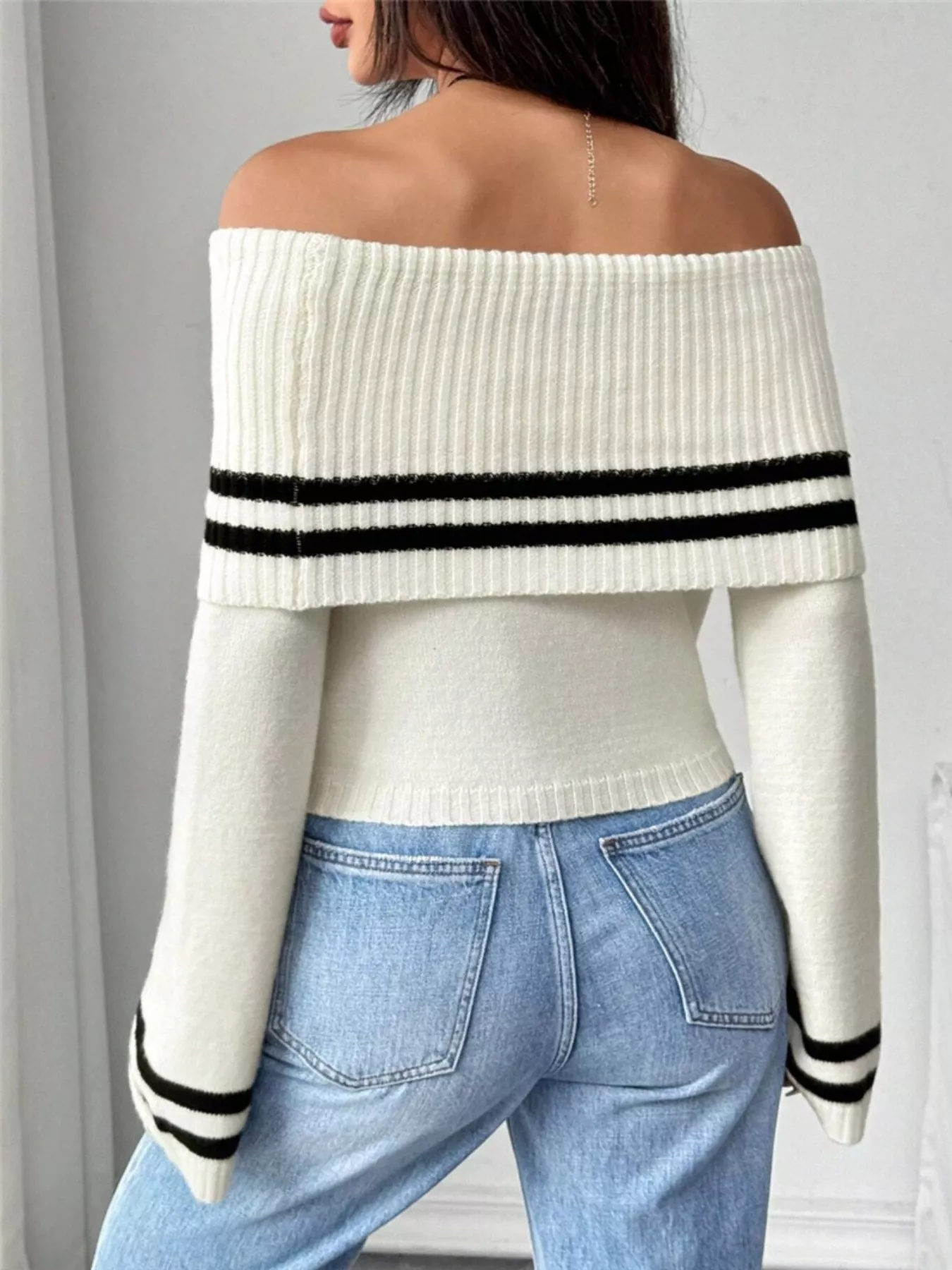 Off-Shoulder Striped Flare Sleeve Sweater - Image 3