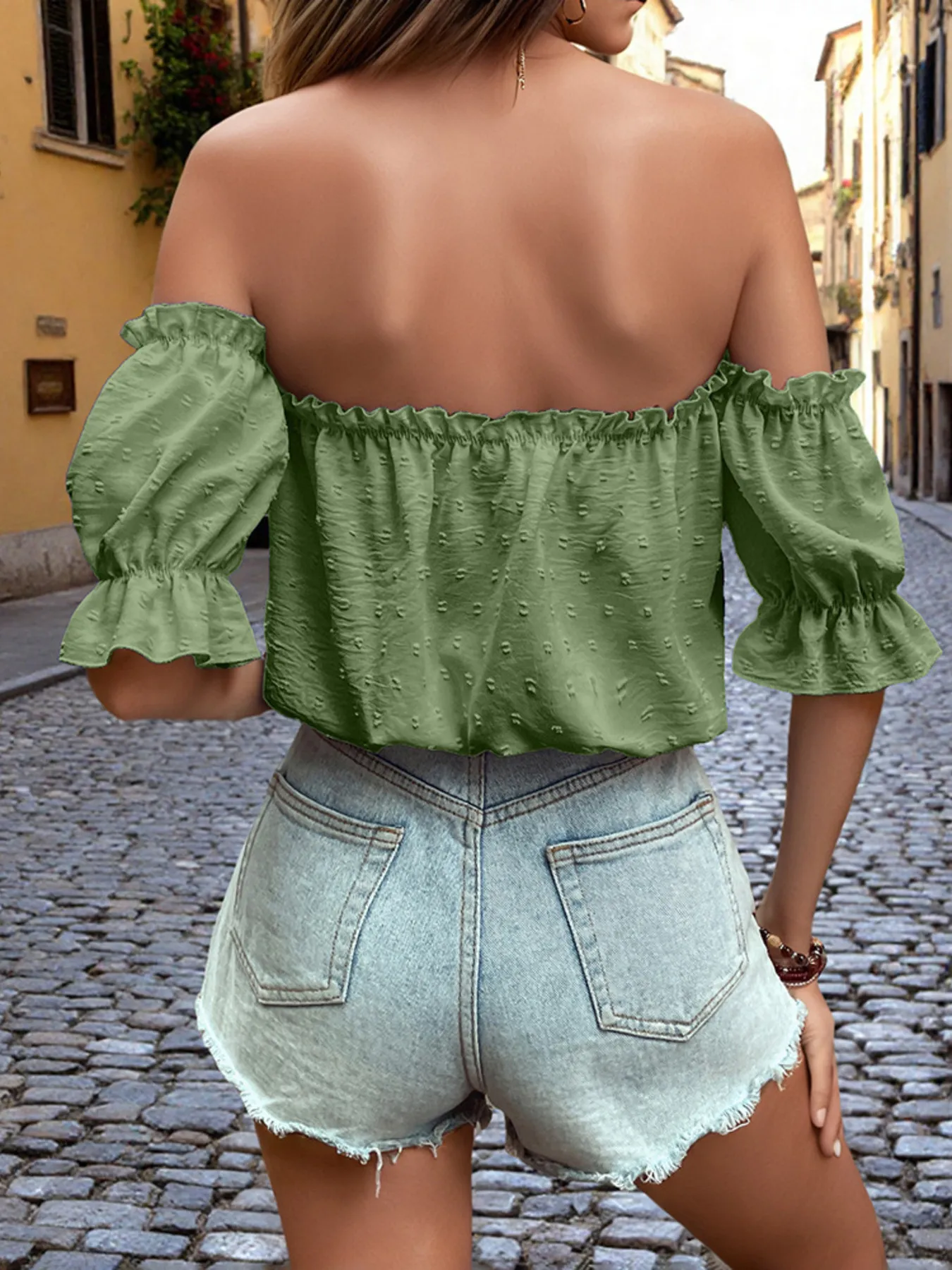 Off-Shoulder Swiss Dot Blouse with Tie Front Detail - Image 11