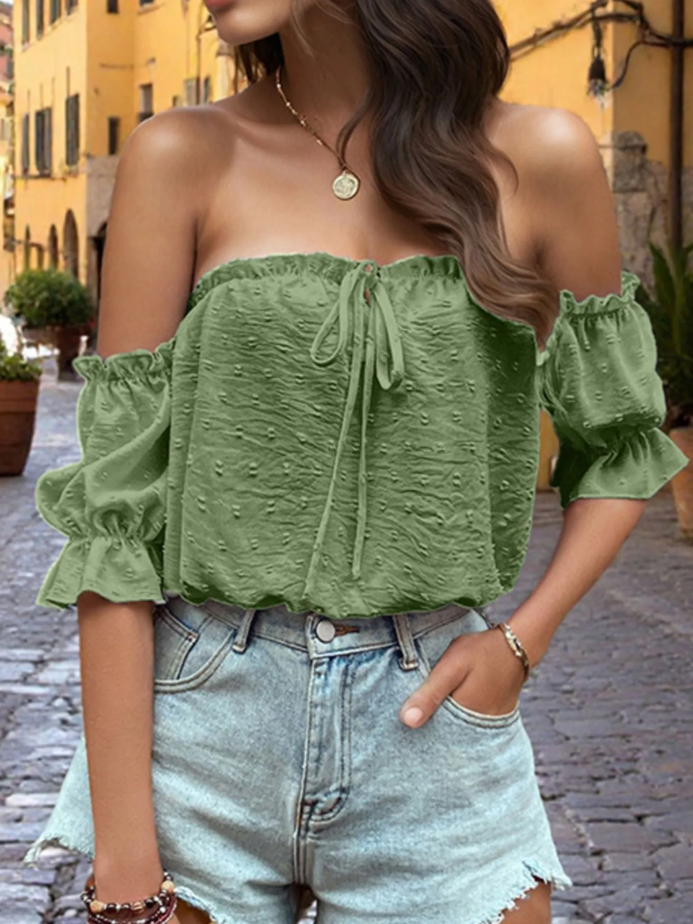 Off-Shoulder Swiss Dot Blouse with Tie Front Detail - Image 12