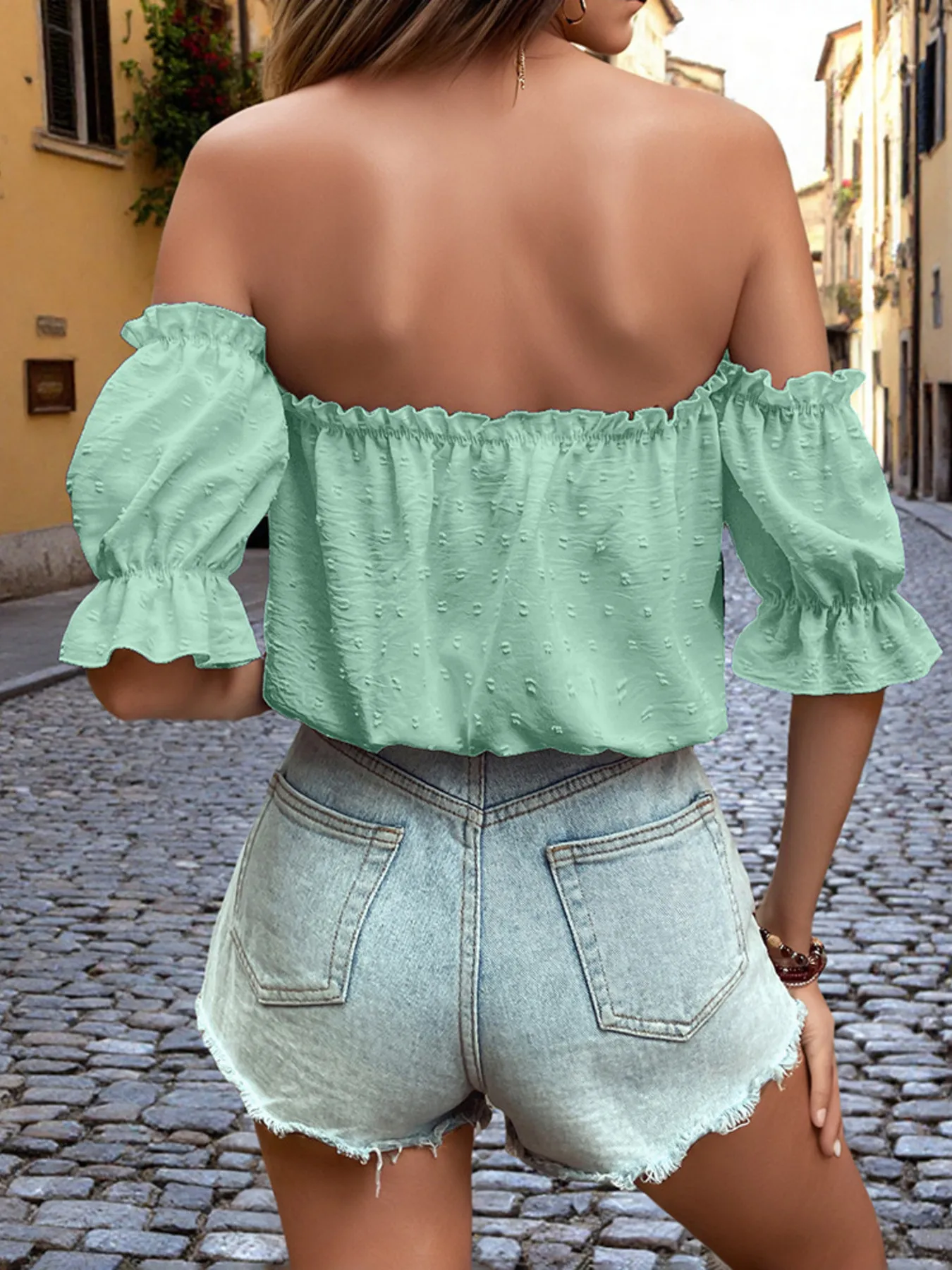 Off-Shoulder Swiss Dot Blouse with Tie Front Detail - Image 15