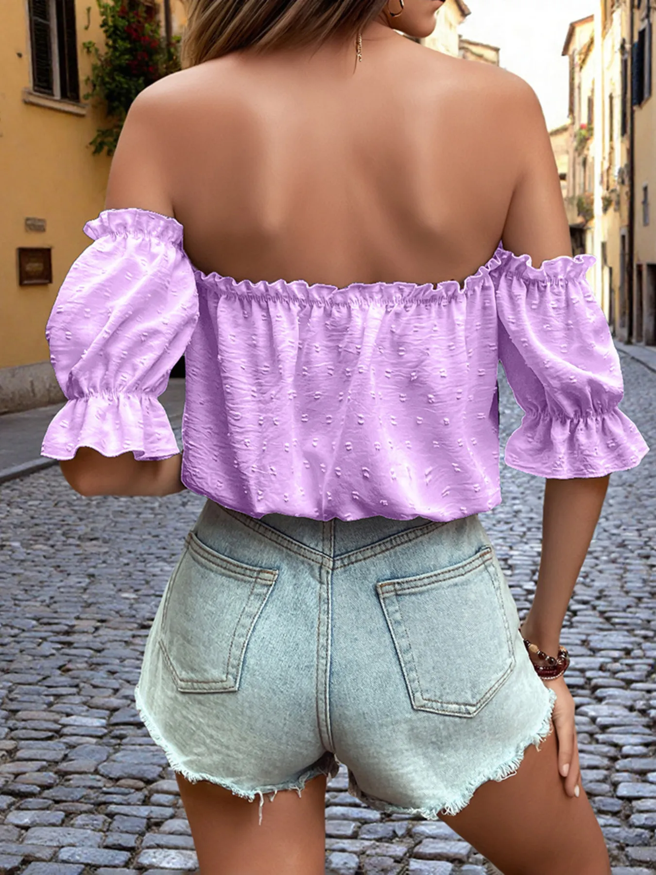 Off-Shoulder Swiss Dot Blouse with Tie Front Detail - Image 6