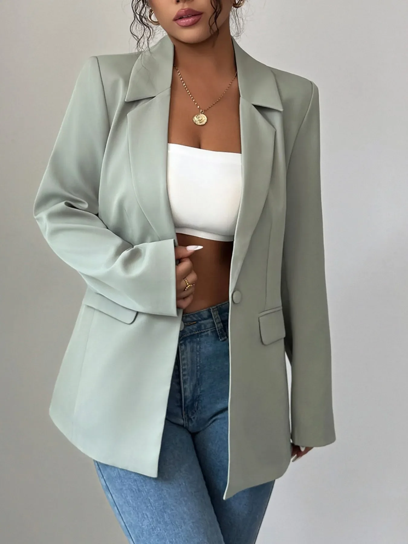 One Button Lapel Collar Blazer - Image 7