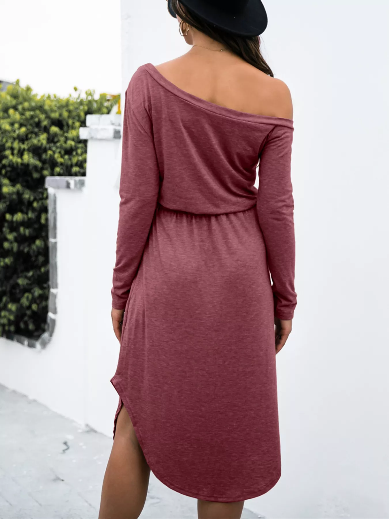 One-Shoulder Long Sleeve Midi Dress with Drawstring Waist - Image 17