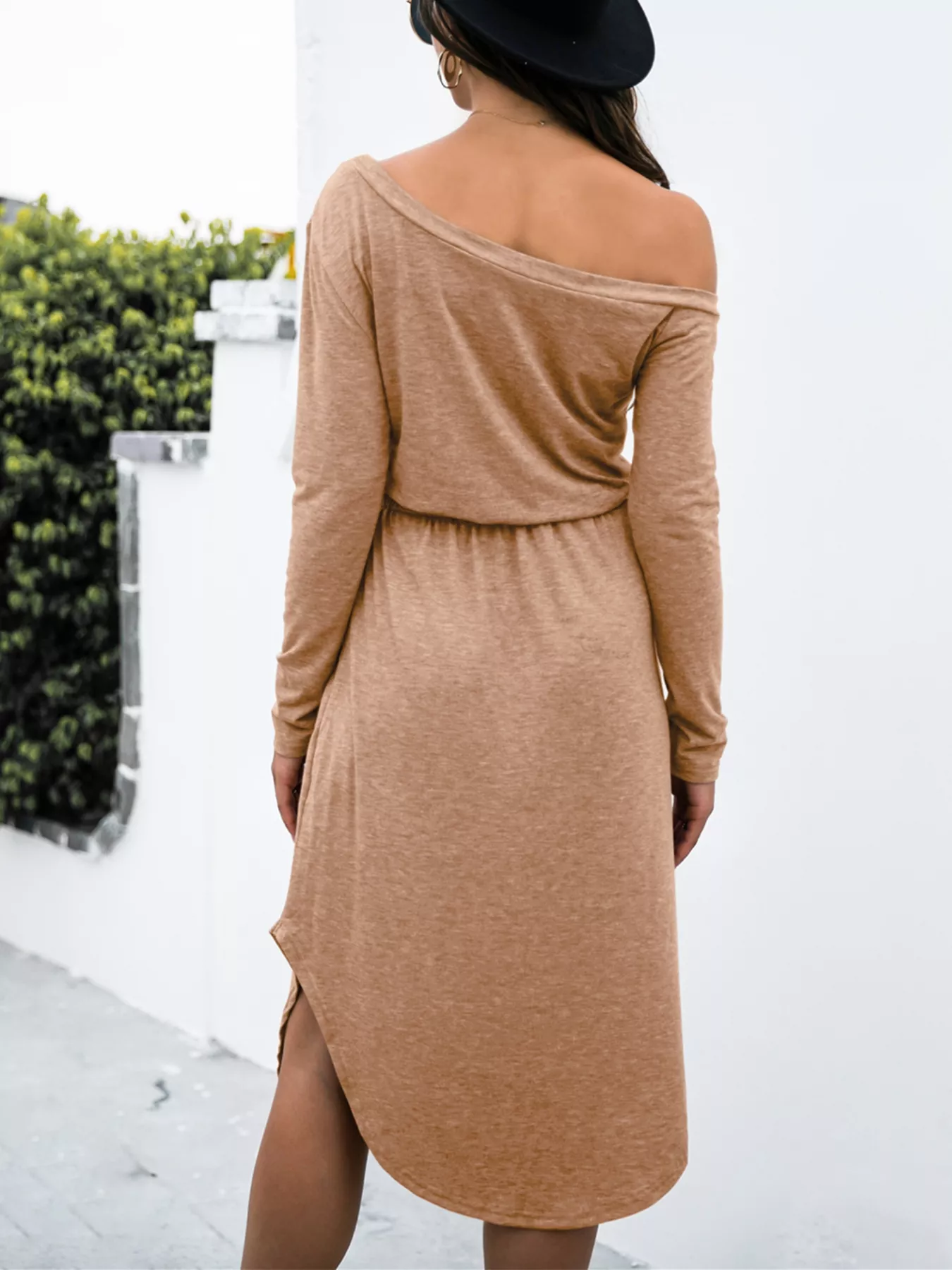 One-Shoulder Long Sleeve Midi Dress with Drawstring Waist - Image 7