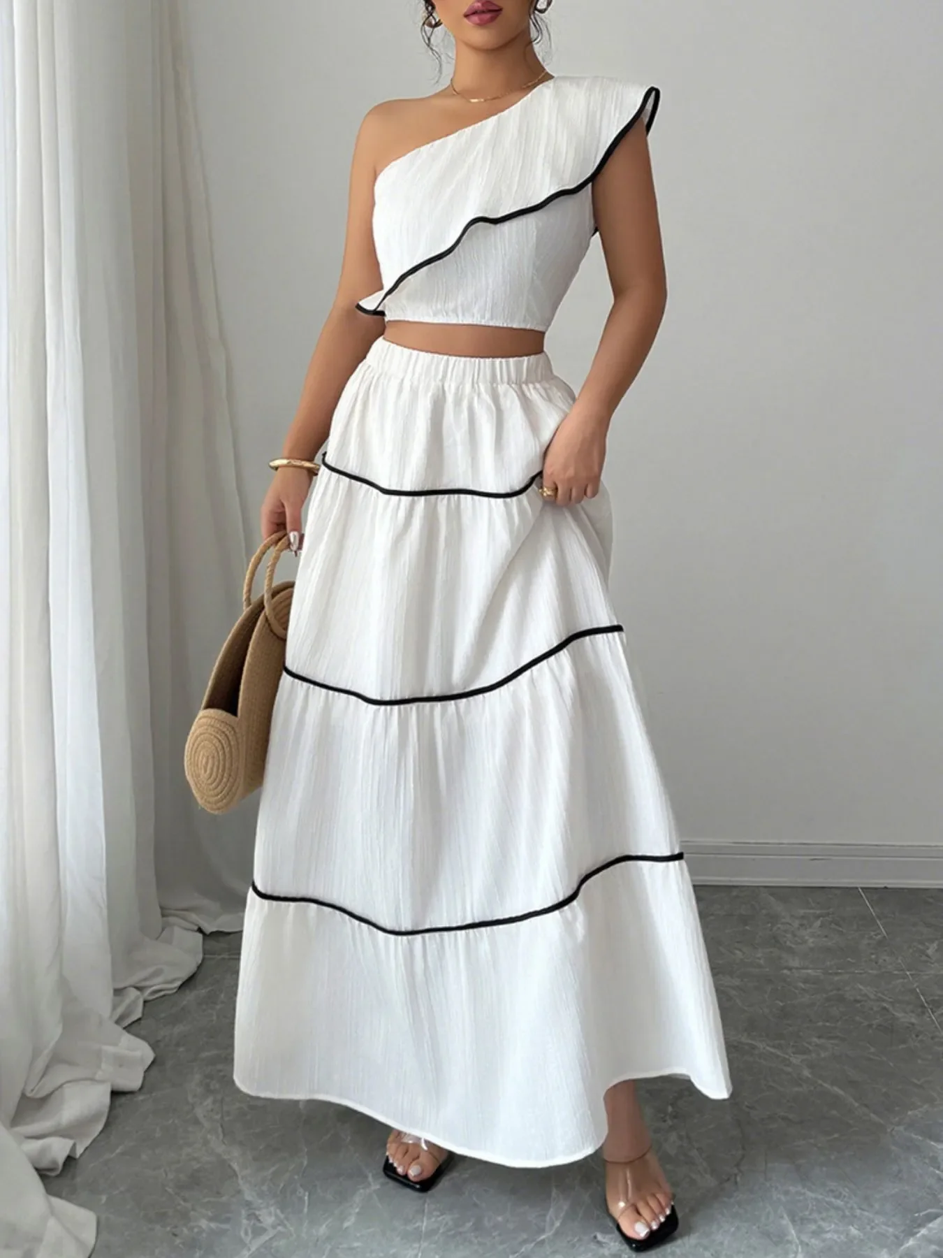 One-Shoulder Ruffle Top and Skirt Two-Piece Set - Image 2
