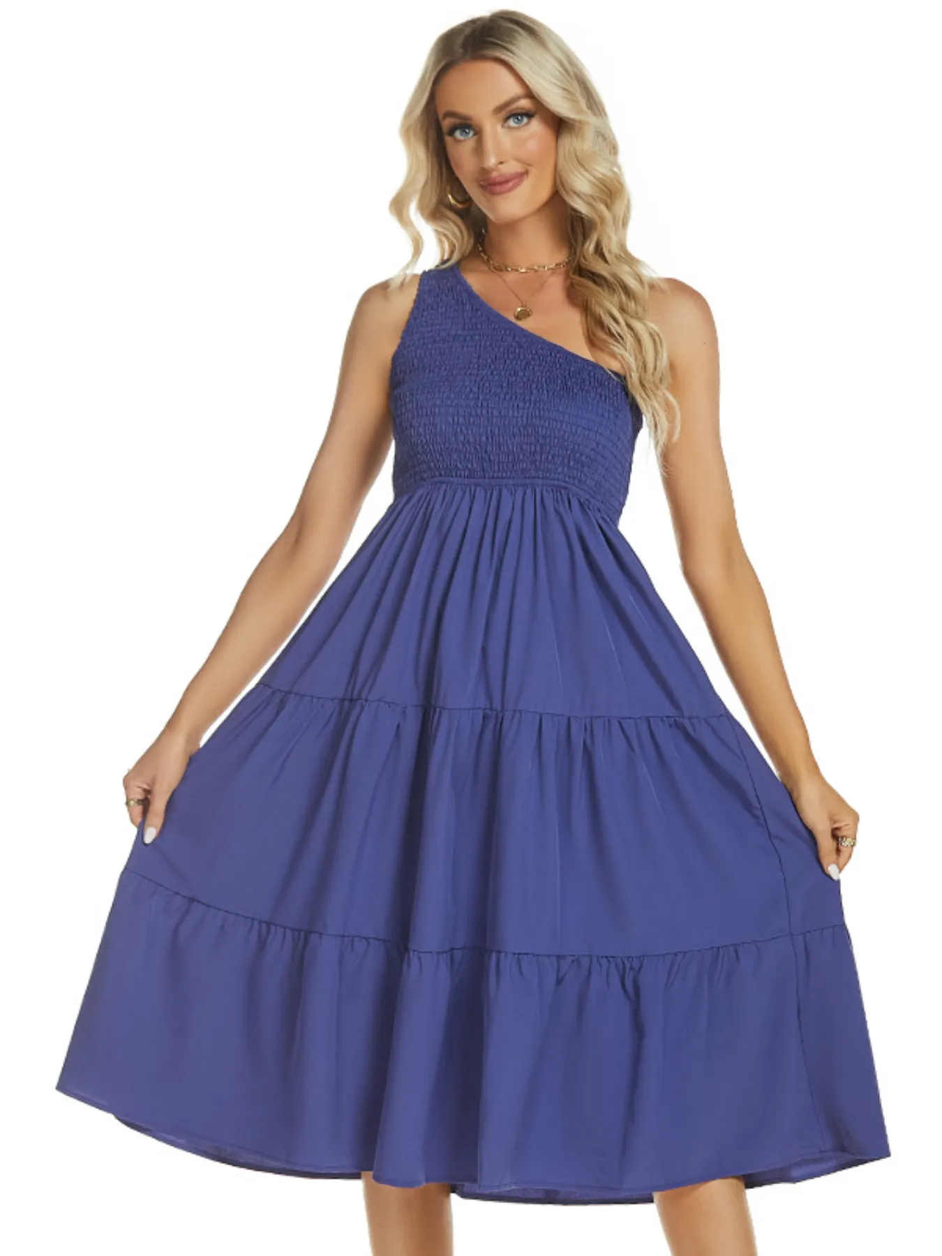One-Shoulder Tiered Midi Dress with Smocked Bodice - Image 5