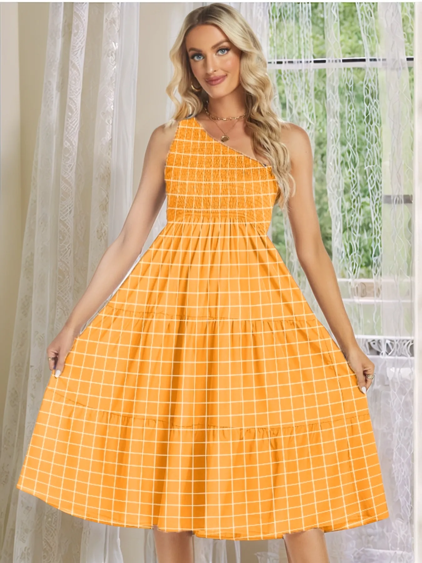 One-Shoulder Tiered Midi Dress with Smocked Bodice - Image 6