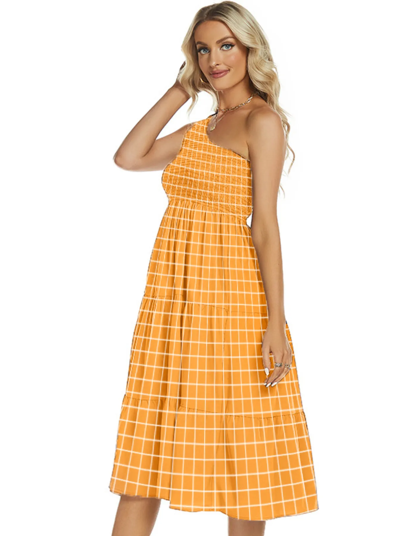 One-Shoulder Tiered Midi Dress with Smocked Bodice - Image 7