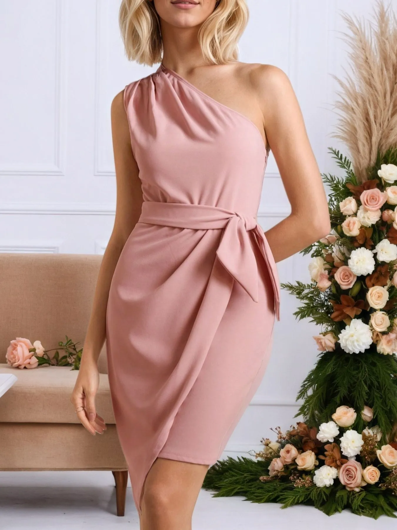 One-Shoulder Wrap Dress with Bow Detail - Image 3