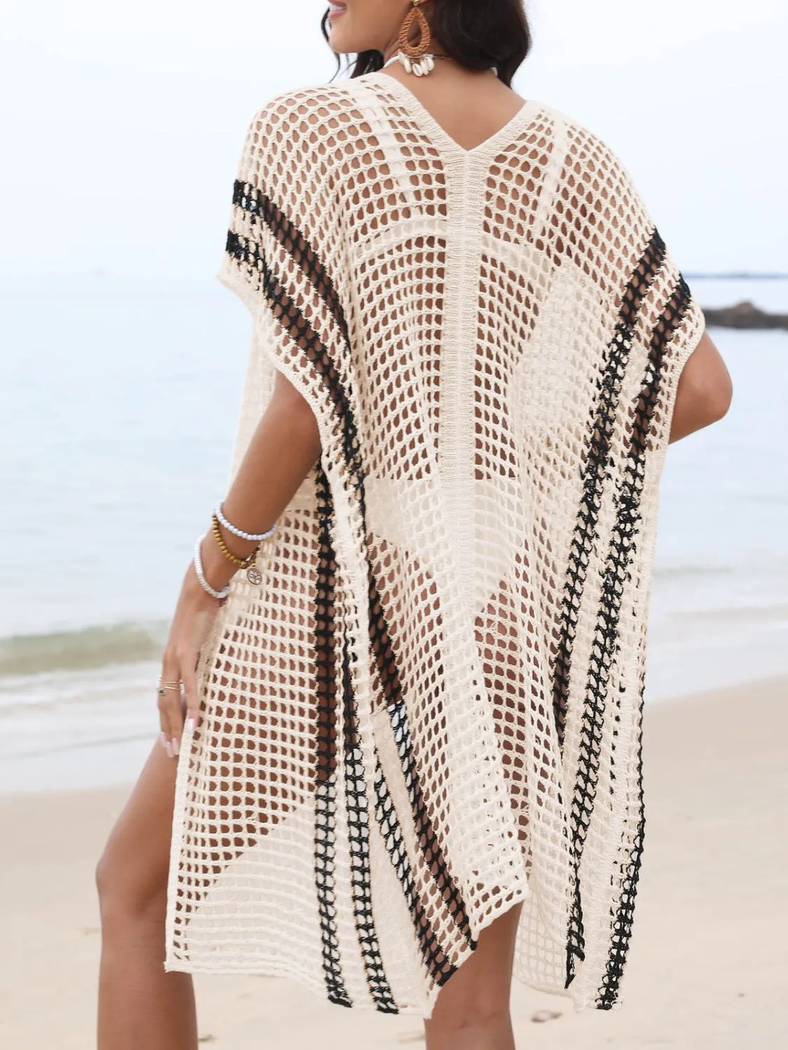 Open Front Contrast Openwork Cover-Up - Image 11