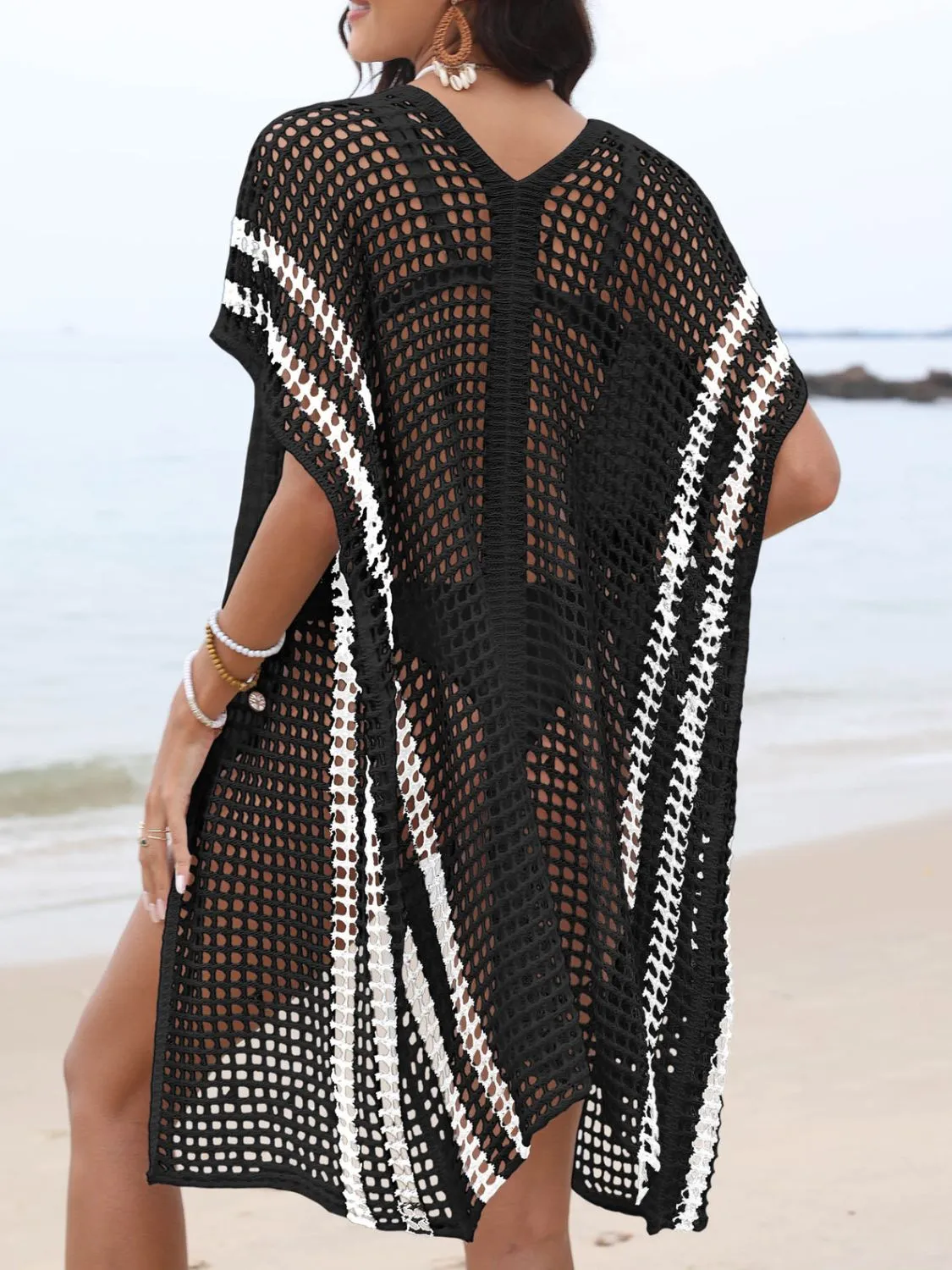 Open Front Contrast Openwork Cover-Up - Image 3