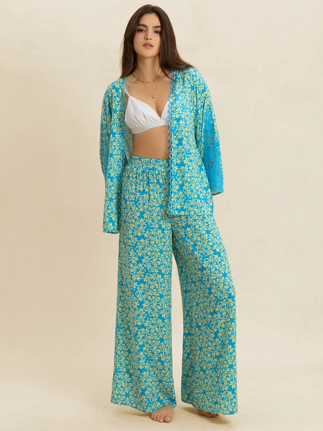 Open Front Printed Top and Pants Set - Image 2