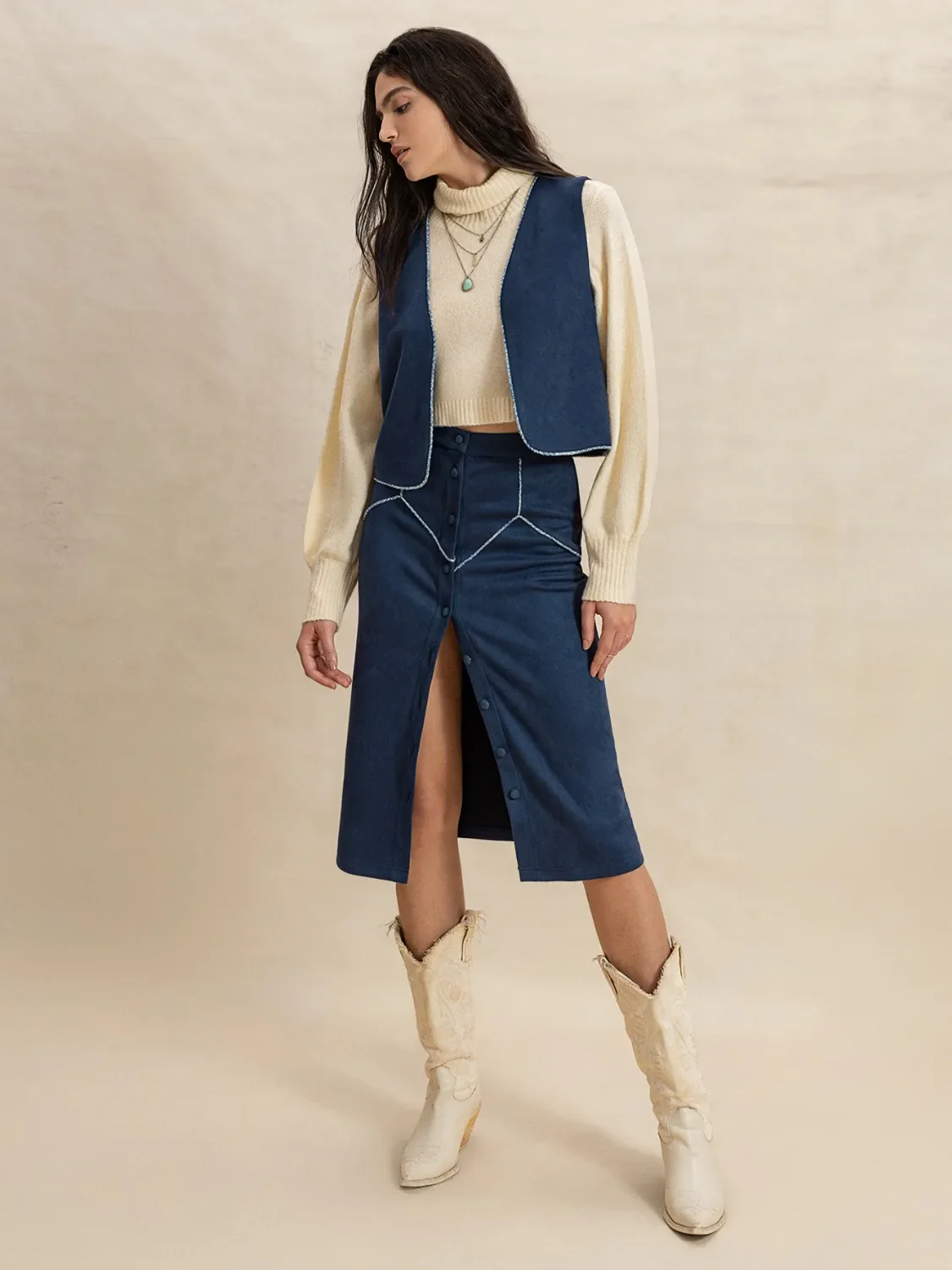 Open Front Vest and Buttoned Skirt Set - Image 7