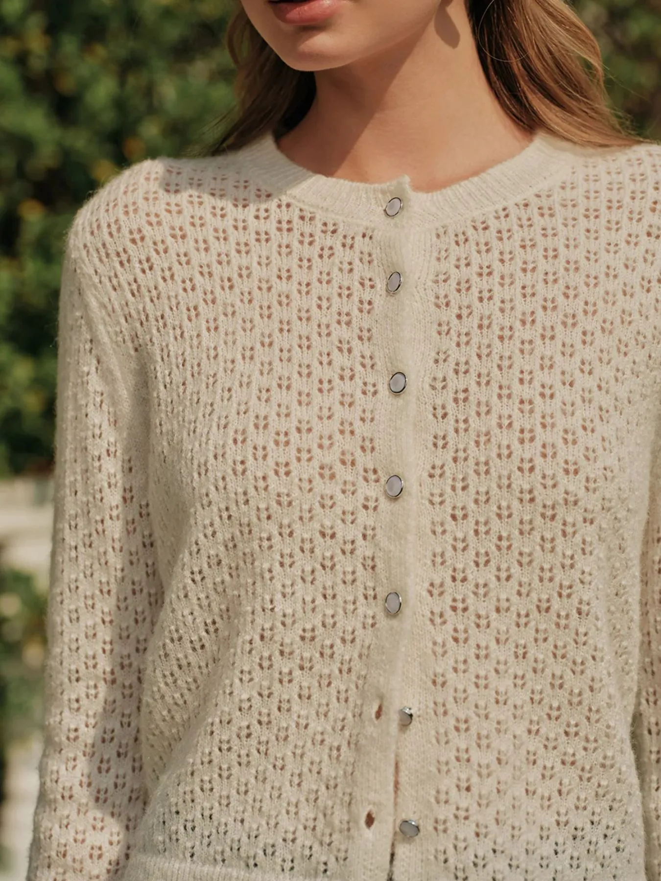 Openwork Button Up Long Sleeve Cardigan - Image 3