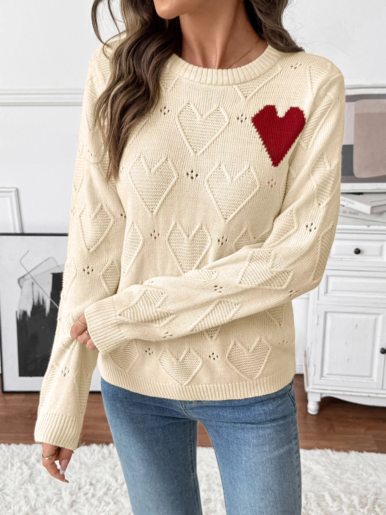 Openwork Heart Round Neck Sweater - Image 2