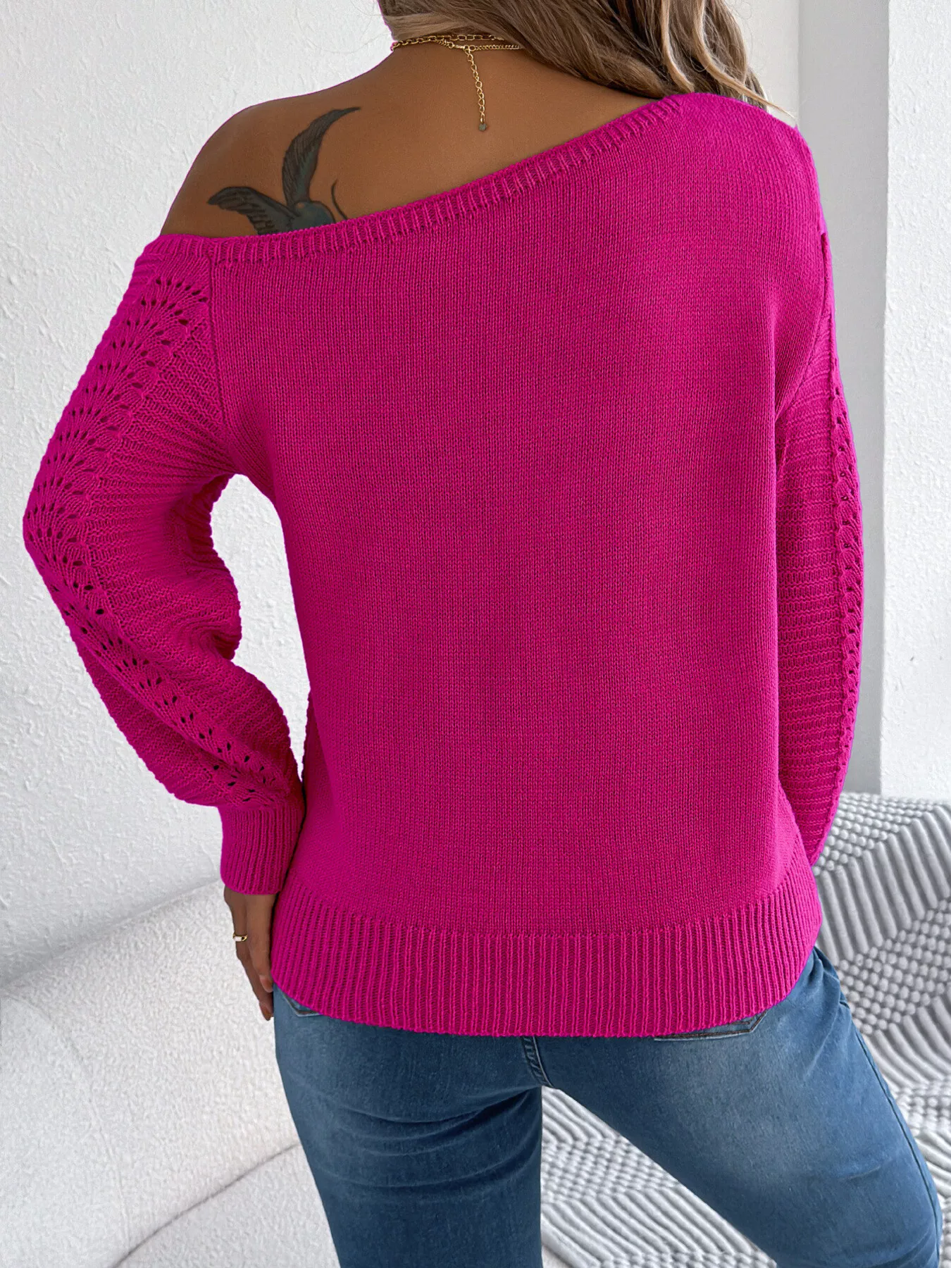 Openwork One Shoulder Cutout Long Sleeve Sweater - Image 11