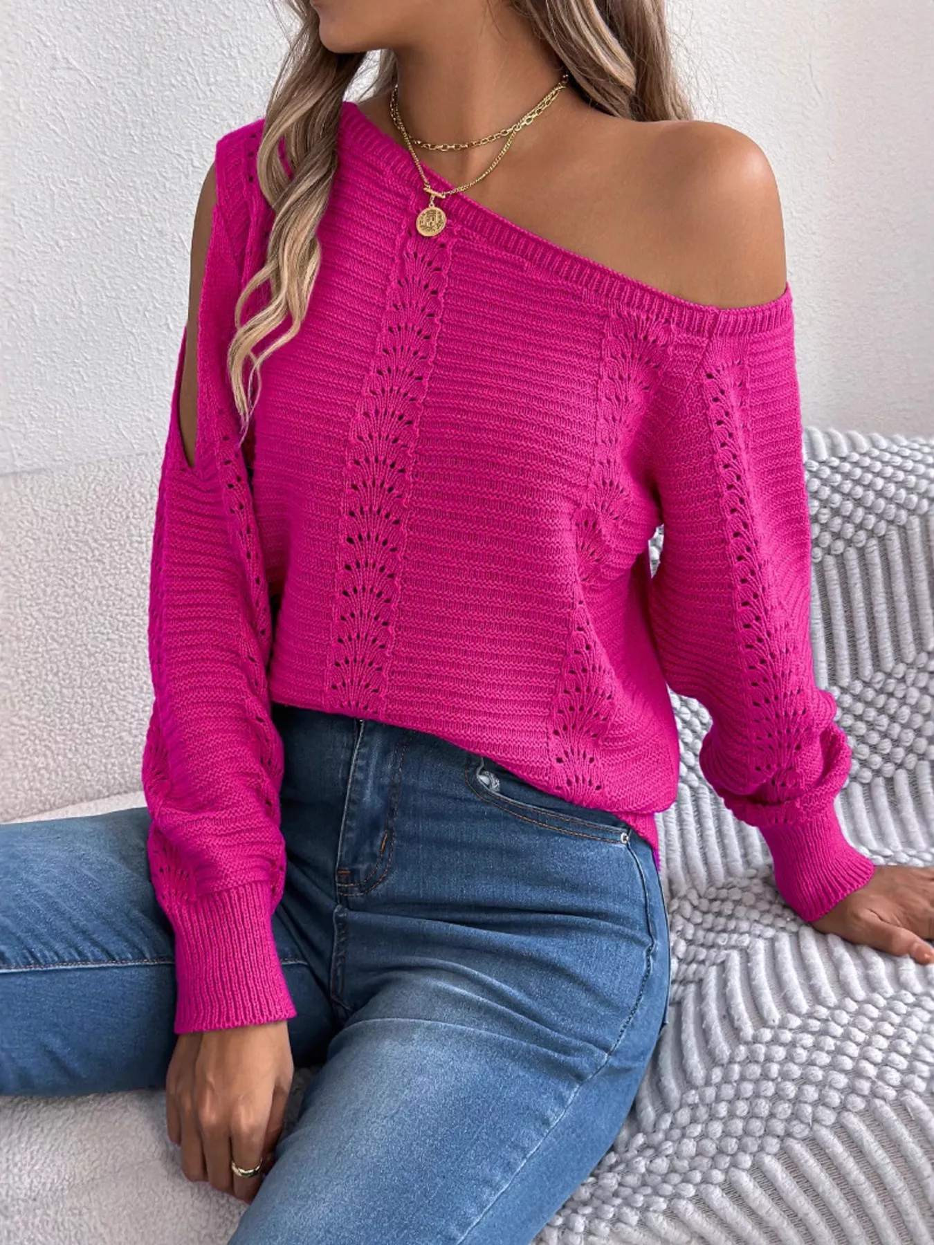 Openwork One Shoulder Cutout Long Sleeve Sweater - Image 12